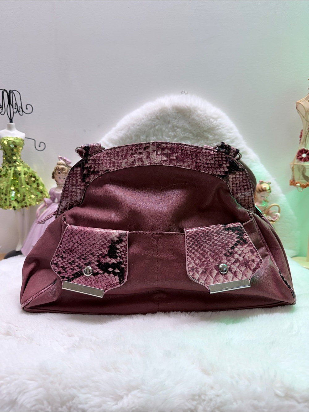 Burgundy Satchel Bag w/ Pink Snakeskin Accents Wedding Fun Party Purse 👛
